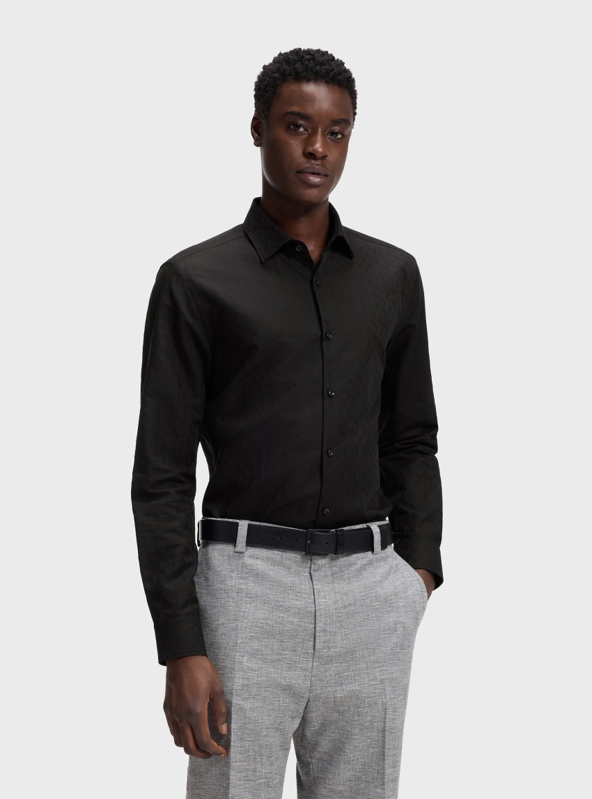 HUGO Slim-Fit Shirt In Cotton-Linen Jacquard  Kenno - Black