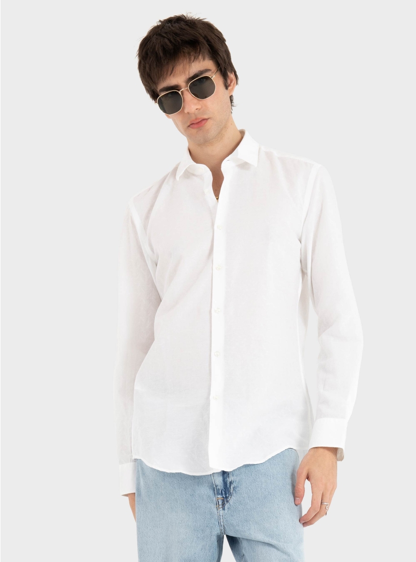 HUGO Slim-Fit Shirt In Cotton-Linen Jacquard  Kenno - White