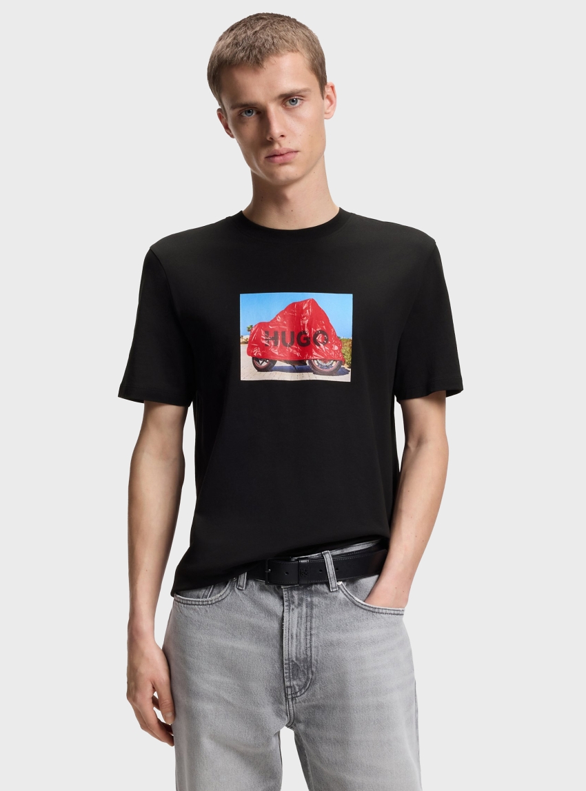 HUGO Cotton-Jersey T-Shirt With Biker-Inspired Artwork Dostino - Black