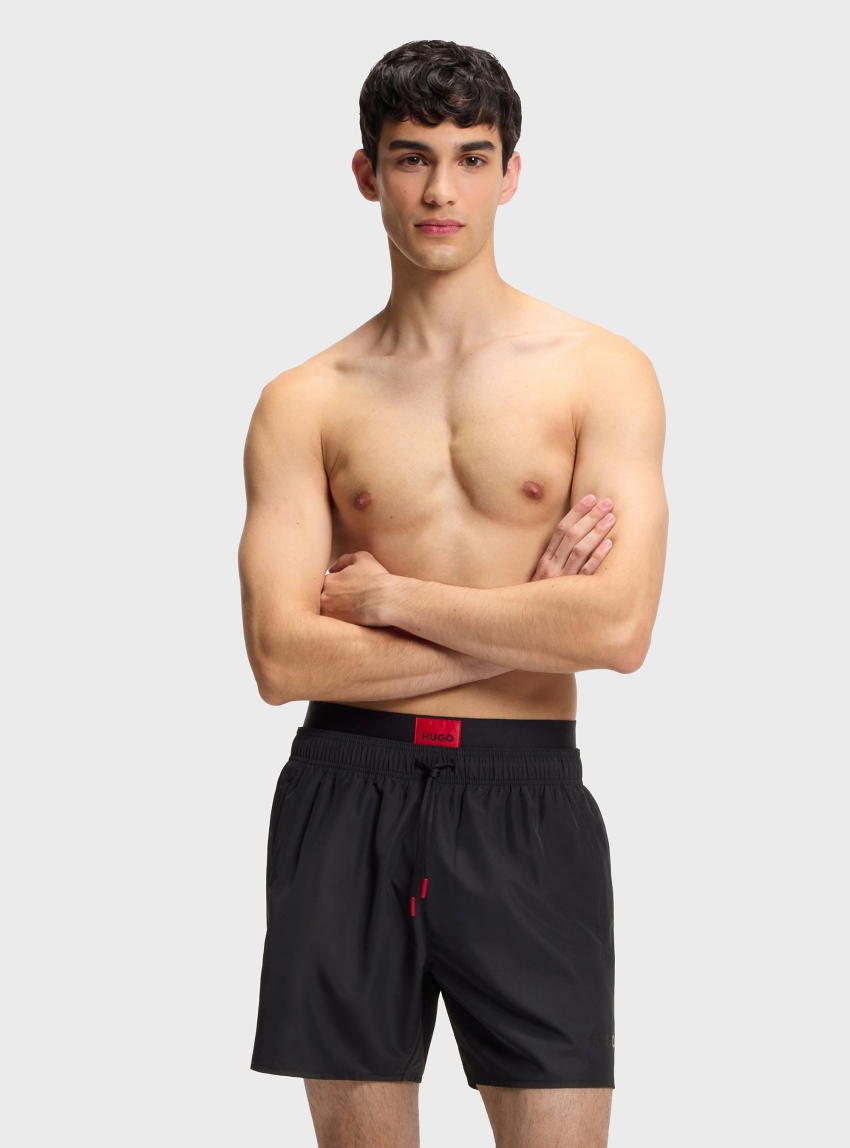 HUGO Double-Waistband Swim Shorts With Logo Details  GALAXY_swim - Black