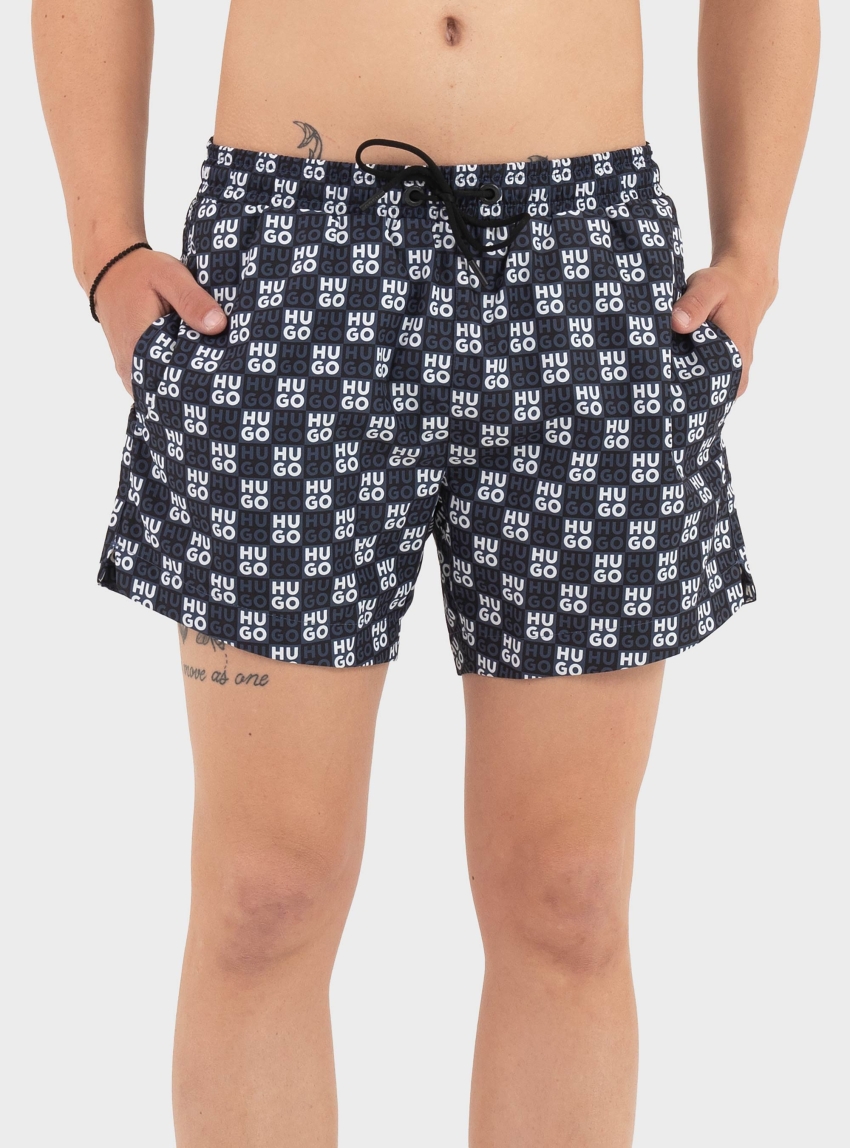 HUGO Quick-Dry Swim Shorts With Stacked-Logo Check Print AARON_SWIM - Navy