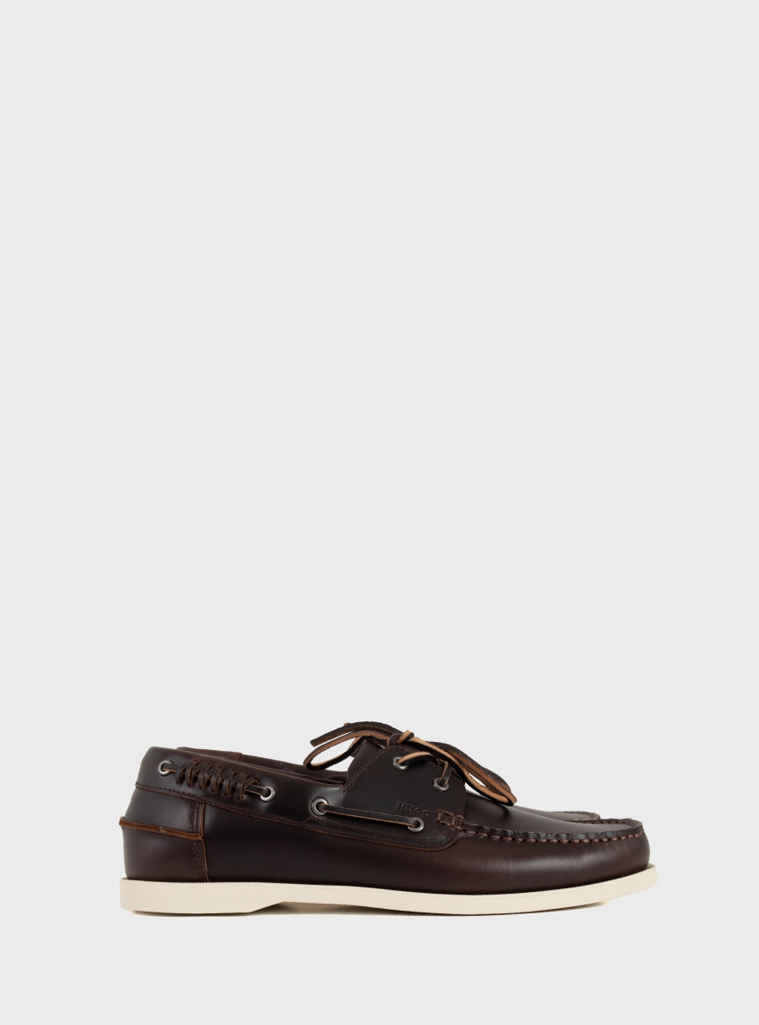 HUGO Leather Boat Shoes With Lacing Detail Darcy_boat_lt - Dark Brown