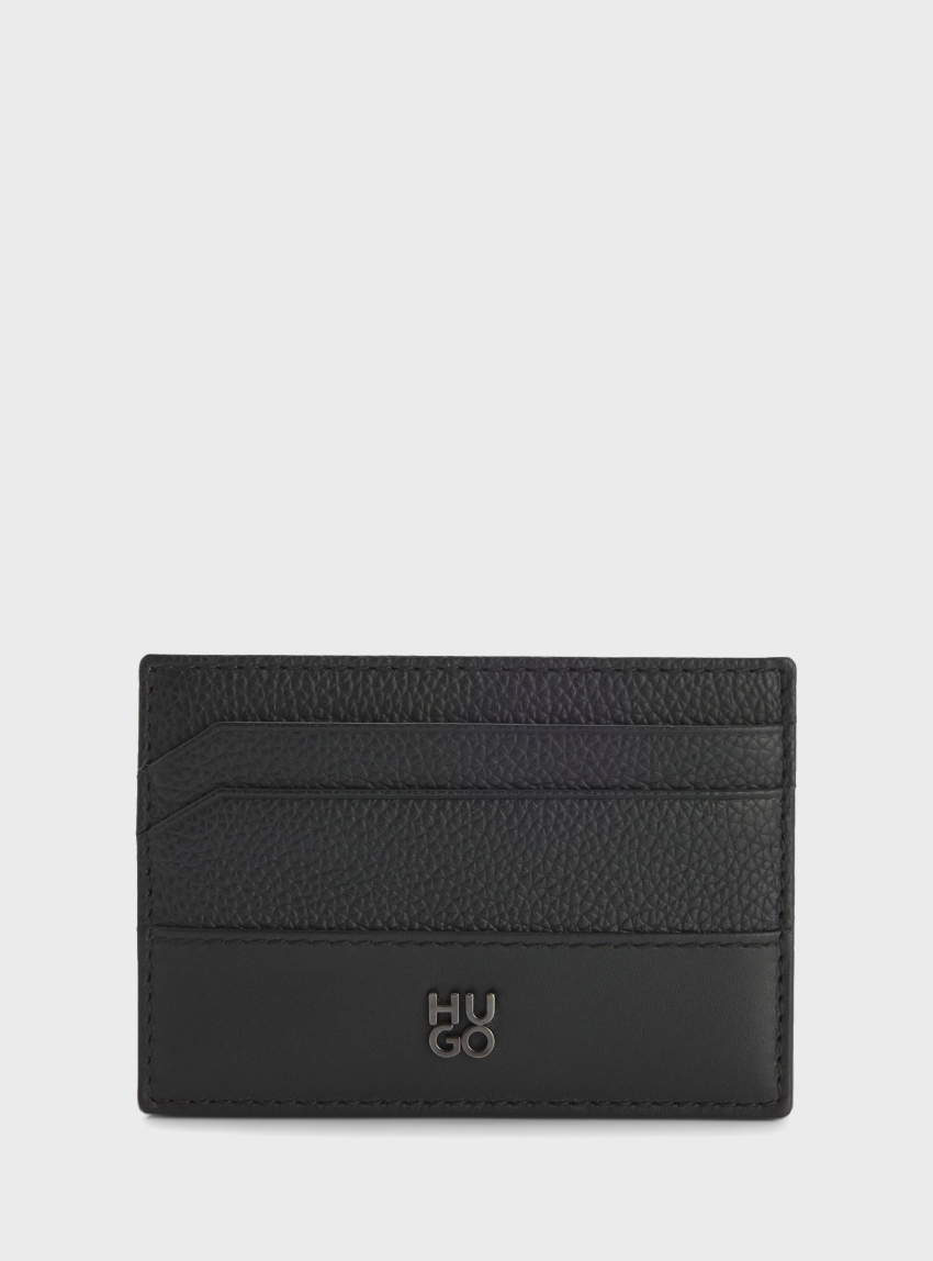 HUGO Leather Card Holder With Stacked-Logo Trim Quantic_Cardcase - Black