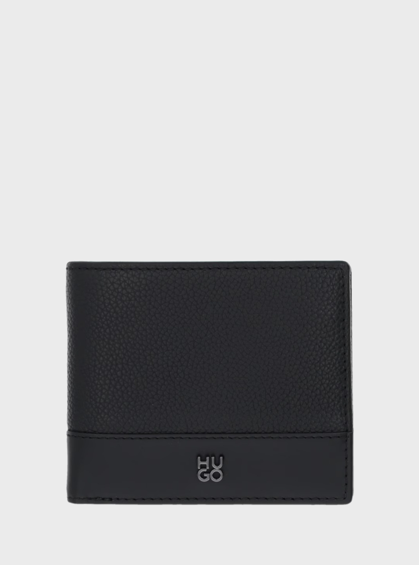 HUGO Leather Folding Wallet With Stacked-Logo Trim Quantic_4cc Coin - Black