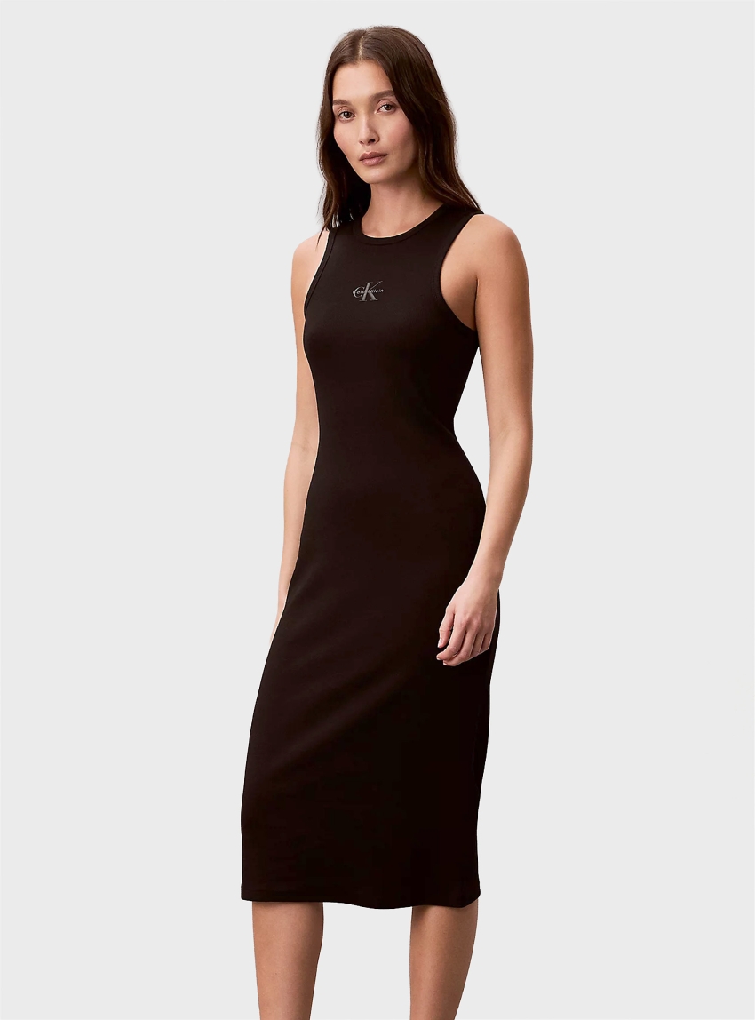 Calvin Klein Monogram Rib Midi Tank Dress - Black