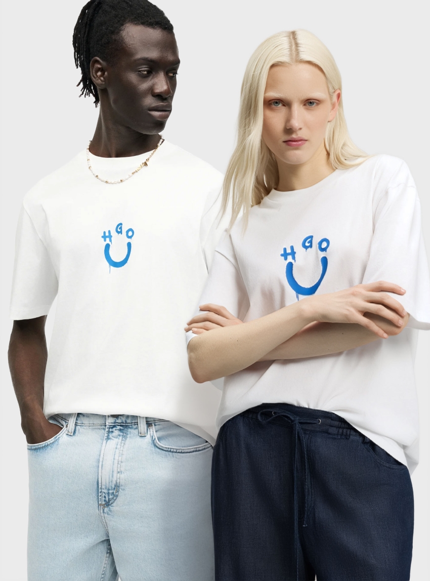 HUGO Cotton-Jersey T-Shirt With Happy Hugo Logo  Norizom - White