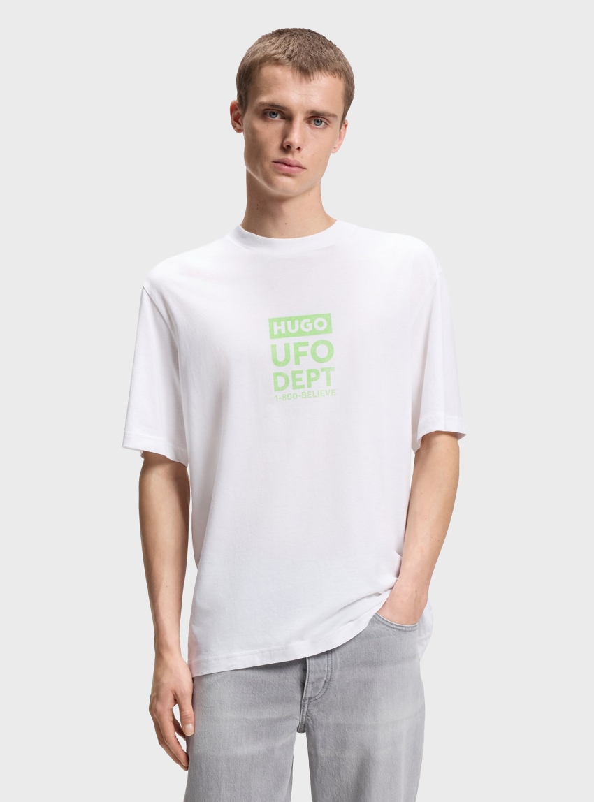 HUGO Cotton-Jersey T-Shirt With Printed Artwork Nufotee - White