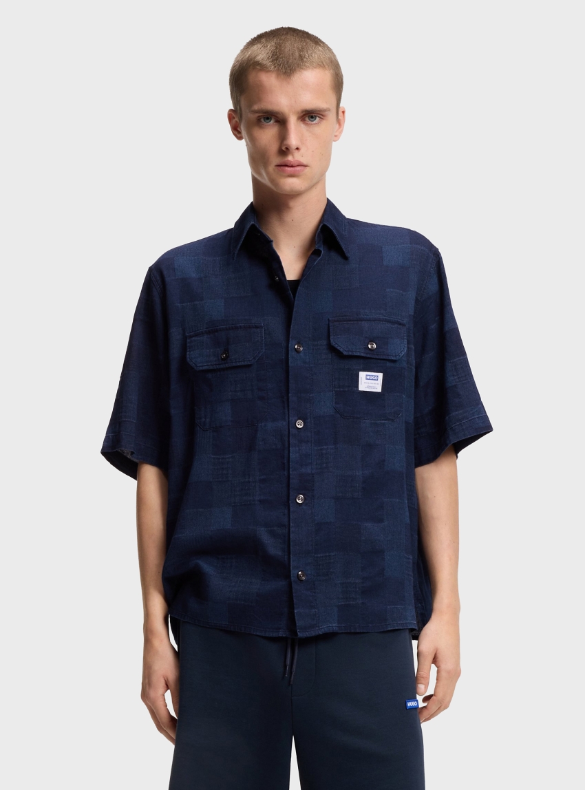 HUGO Oversized-Fit Shirt In Checked Cotton  Ekyno - Dark Blue