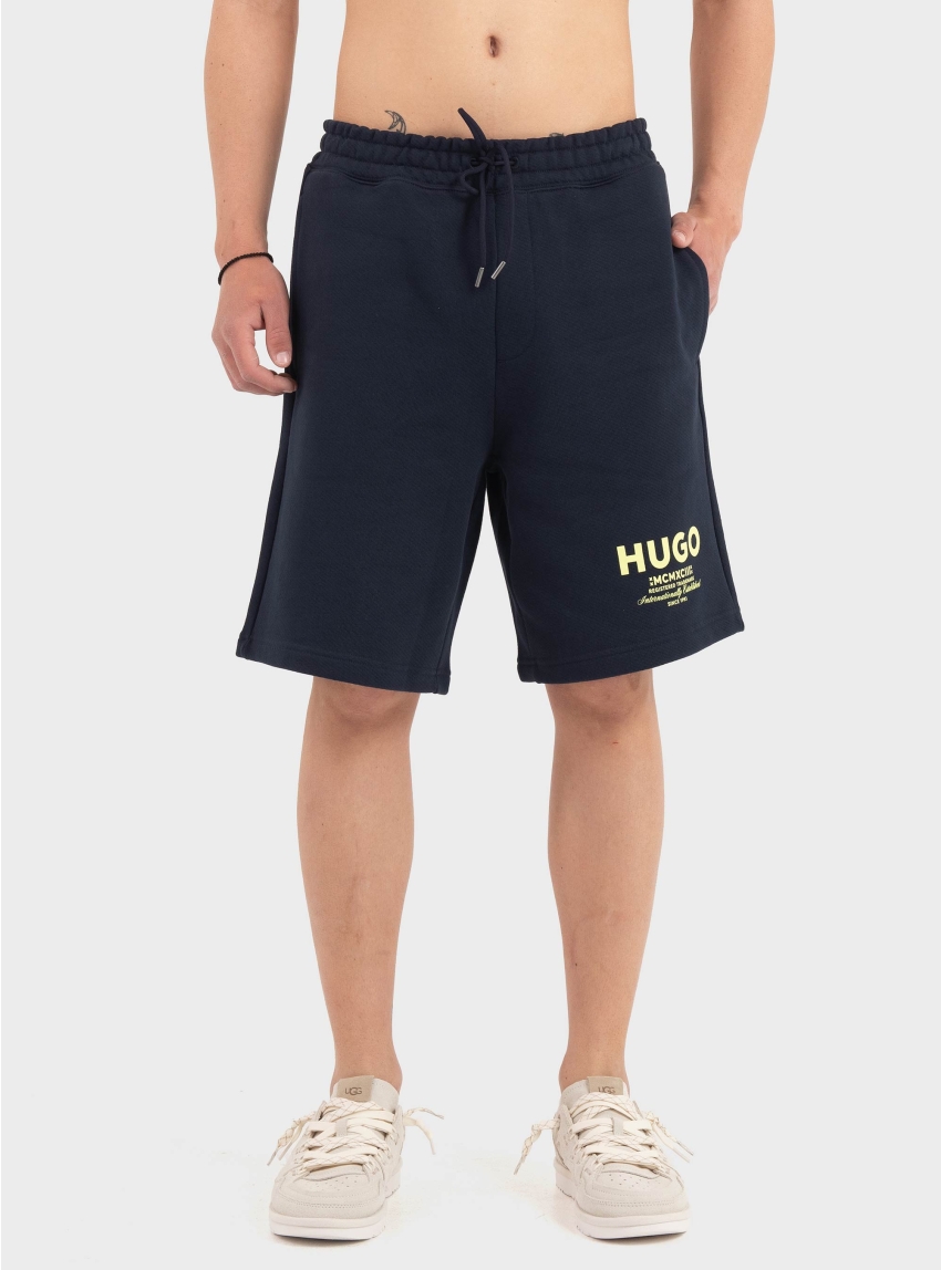 HUGO Loose-Fit Shorts In Cotton Terry With Logo Print Nomario - Dark Blue