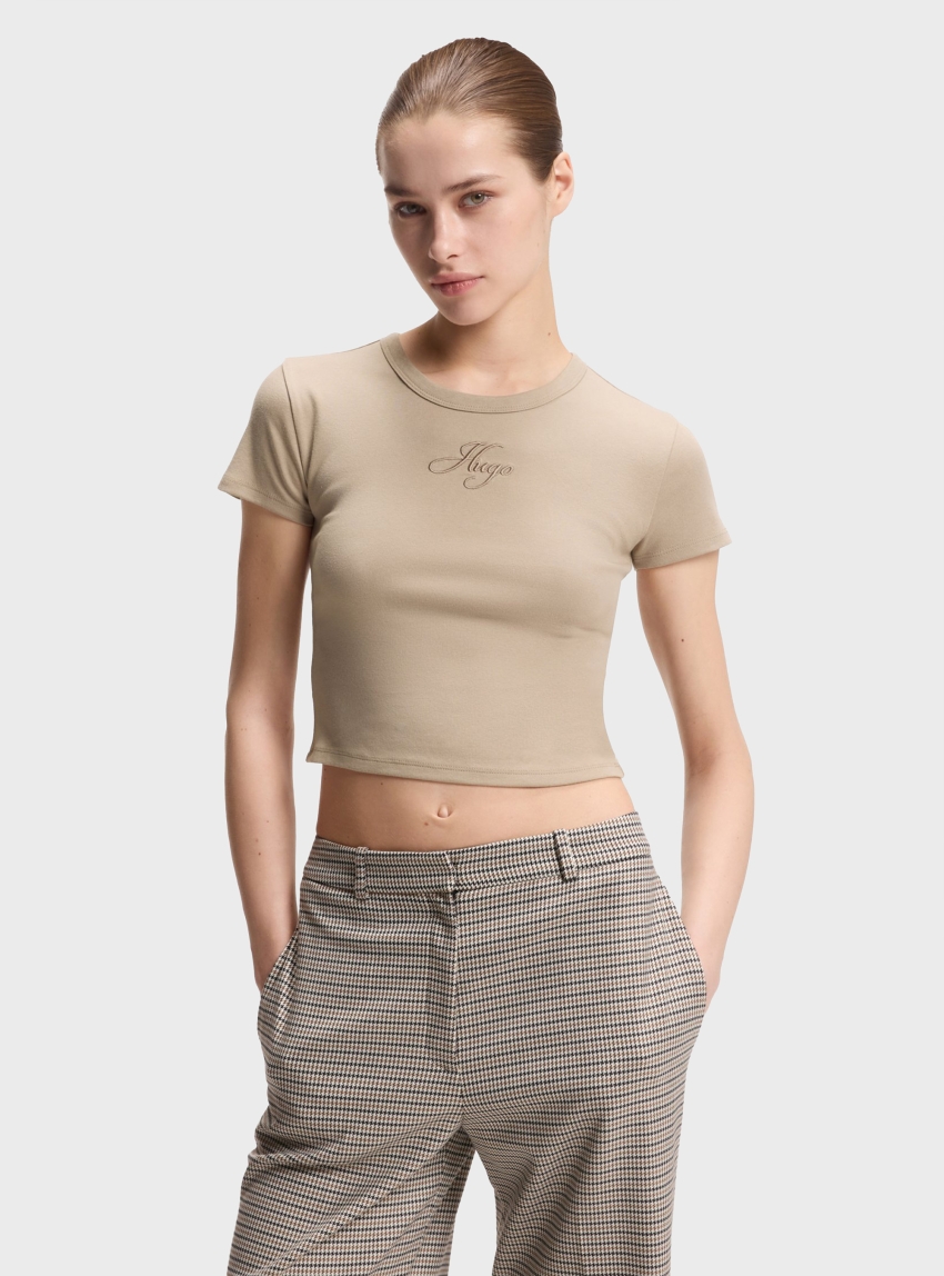 HUGO Cotton-Blend T-Shirt With Embroidered Logo Delanor_3 - Light Beige