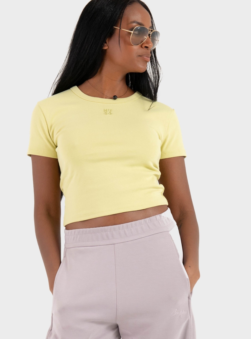 HUGO Cotton-Blend Slim-Fit T-Shirt With Embroidered Logo Delanor - Yellow Green