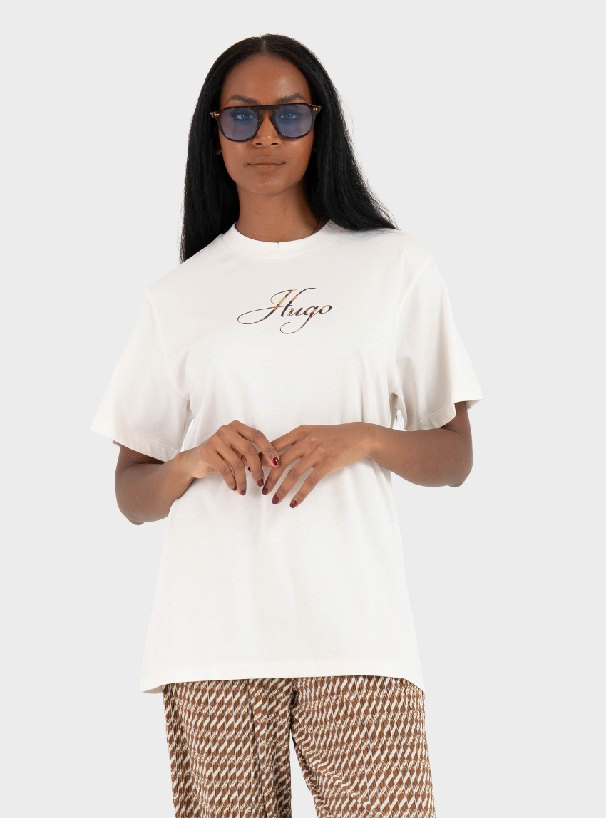 HUGO Cotton-Jersey T-Shirt With Logo Artwork Vintage Tee_23 - White