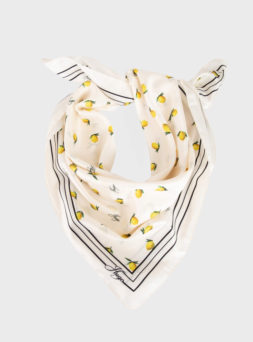 HUGO Silk Scarf With Printed Artwork  Auraize_90*90 - White