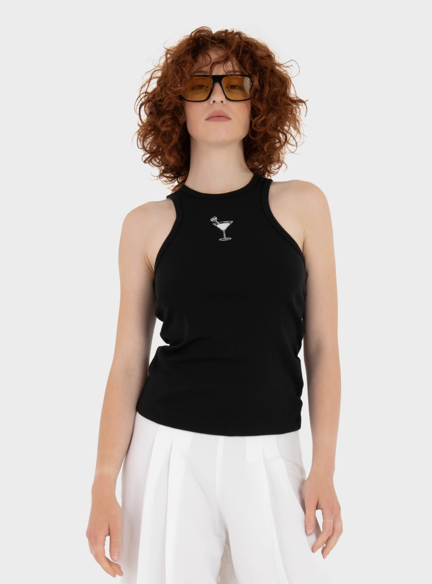 HUGO Ribbed-Cotton Tank Top With Logo Artwork Dimartini_B - Black