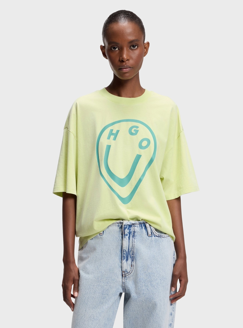 HUGO Cotton-Jersey T-Shirt With Melted-Effect Happy Hugo Print Oversized_Tee_B_11 - Lime