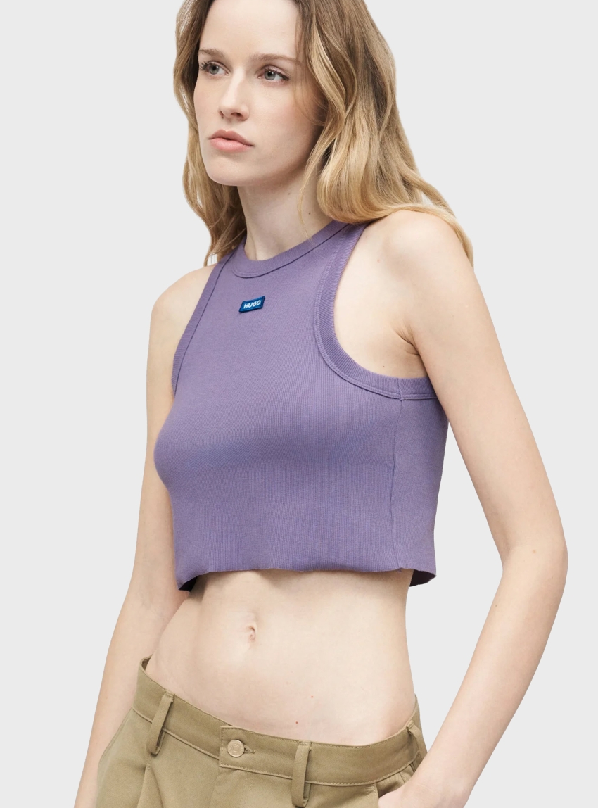 HUGO Cropped Stretch-Cotton Tank Top With Blue Logo Label  Baby Tank_B - Purple