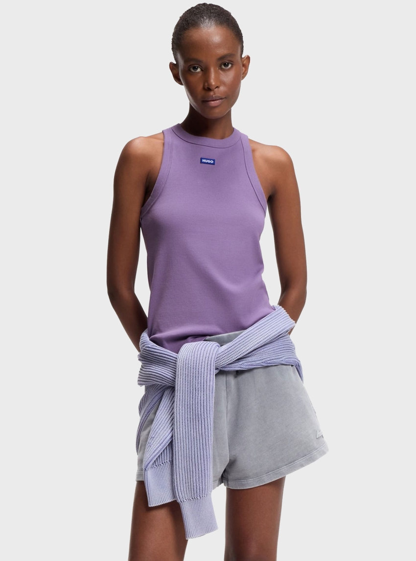 HUGO Ribbed Stretch-Cotton Tank Top With Logo Badge Easy Tank_B - Purple