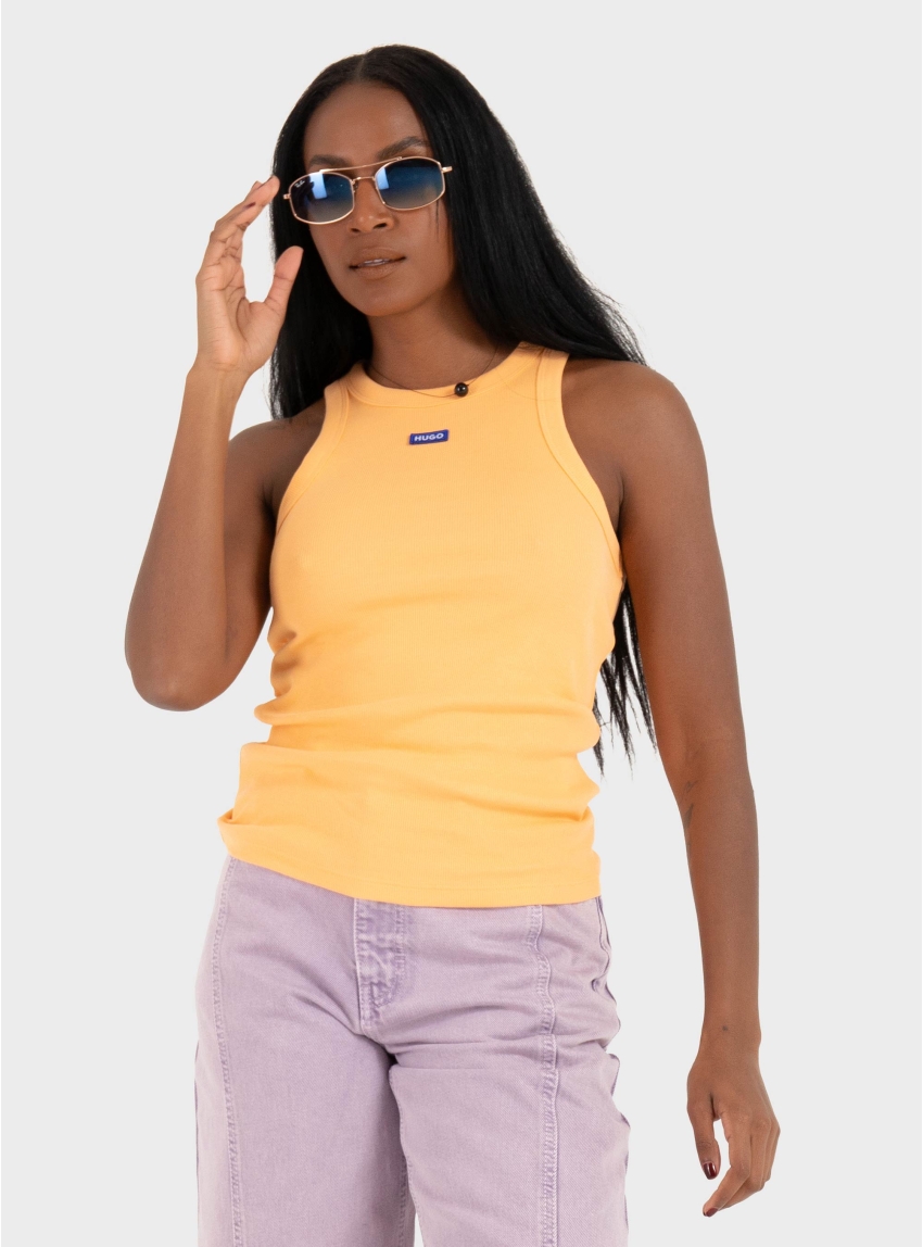 HUGO Ribbed Stretch-Cotton Tank Top With Logo Badge Easy Tank_B - Orange