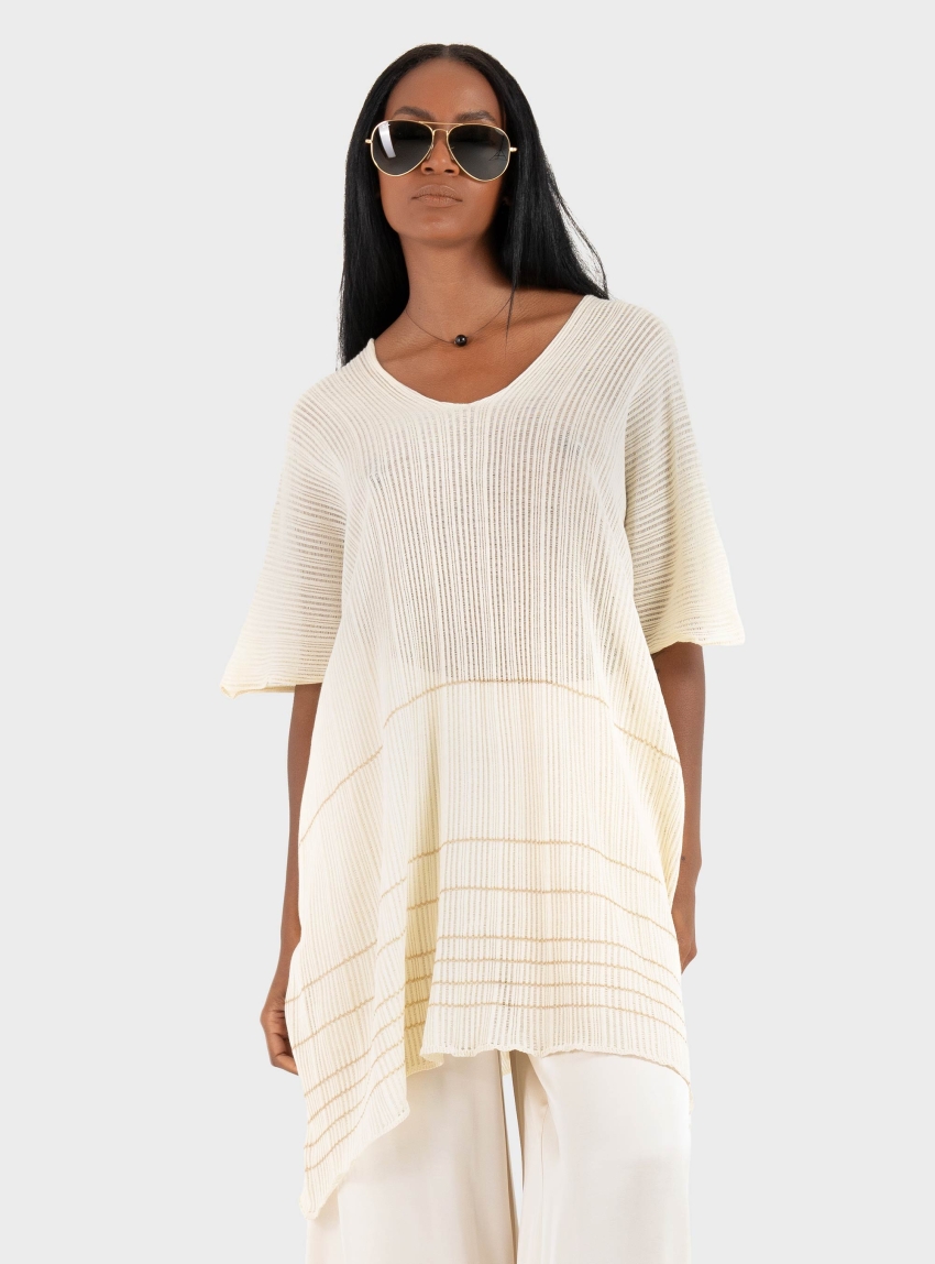Ioanna Kourbela "Siren'S Song" Knit Loose Tunic With Lurex Stripes - Ecru