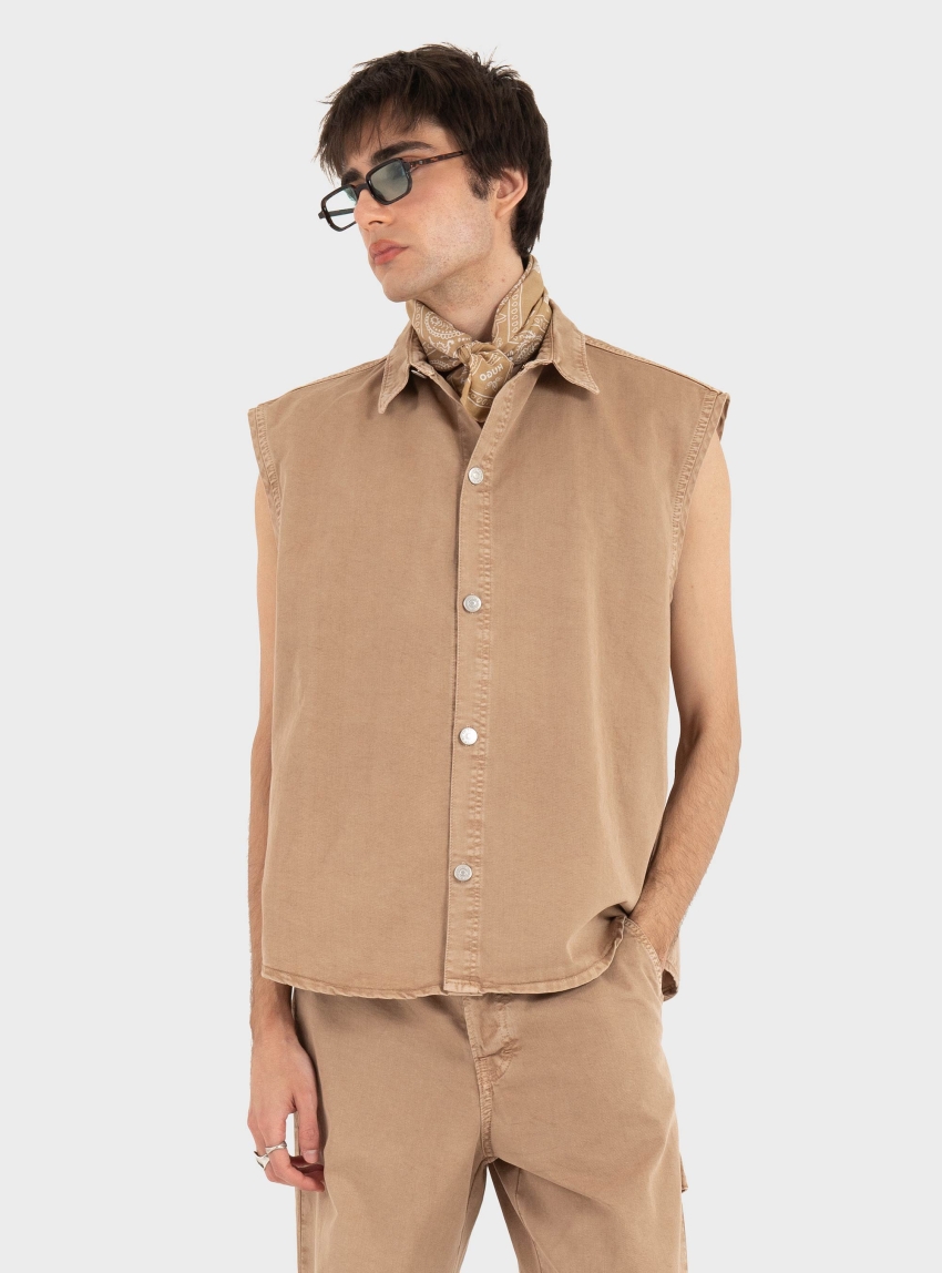 I'm Brian  Sleeveless Denim Shirt - Beige