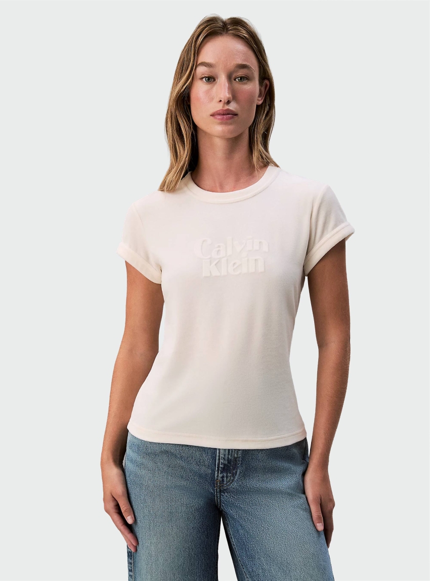 Calvin Klein Velour Embossed Logo Graphic Slim T-Shirt - White