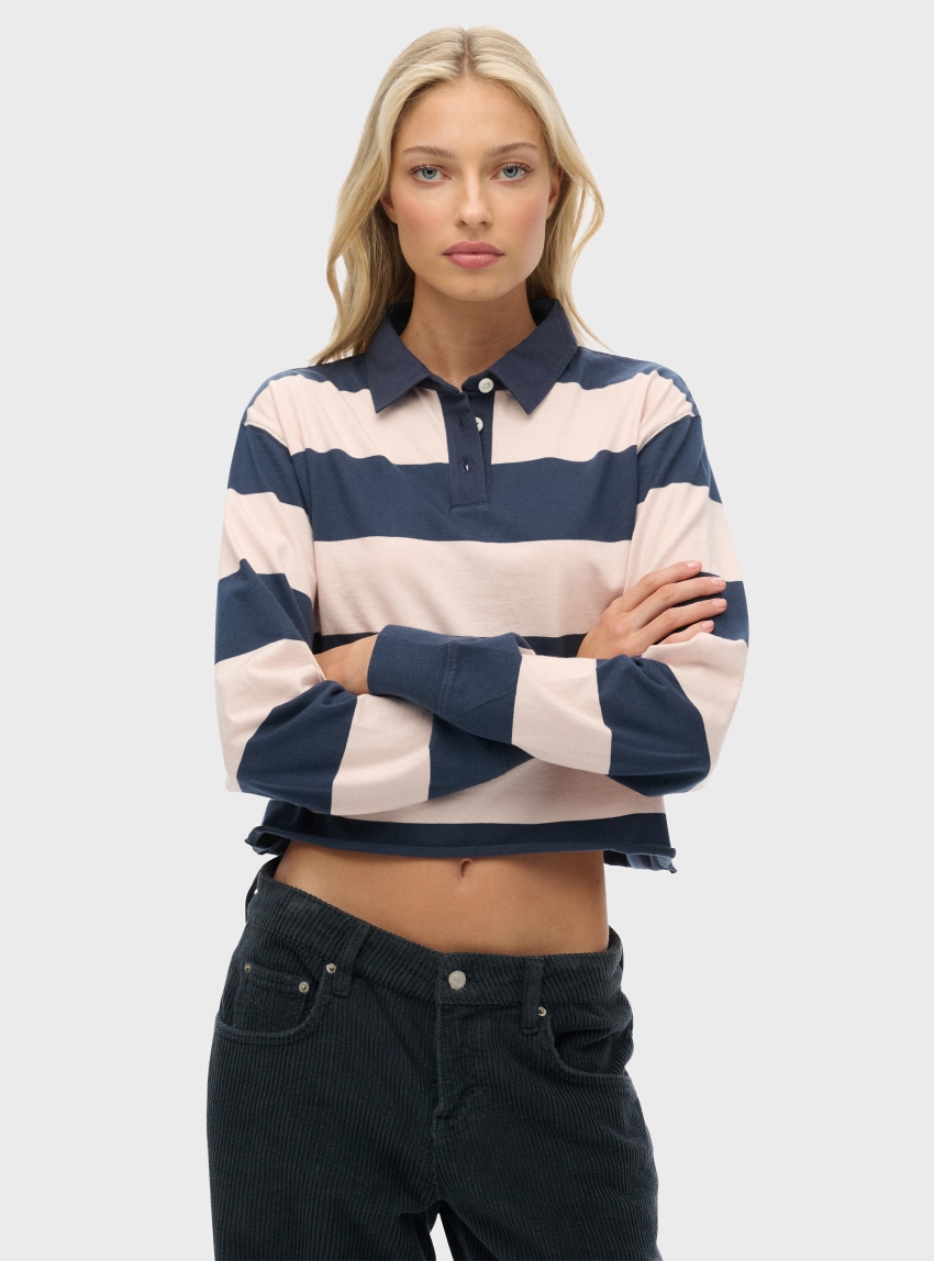 Superdry Athletic Essentials Cropped Stripe Rugby Top - Navy