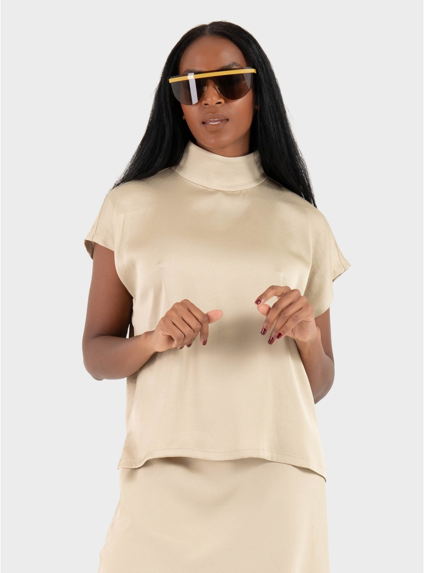 Drykorn Alaria 1 Stand Up Collar Top In Satin - Brown