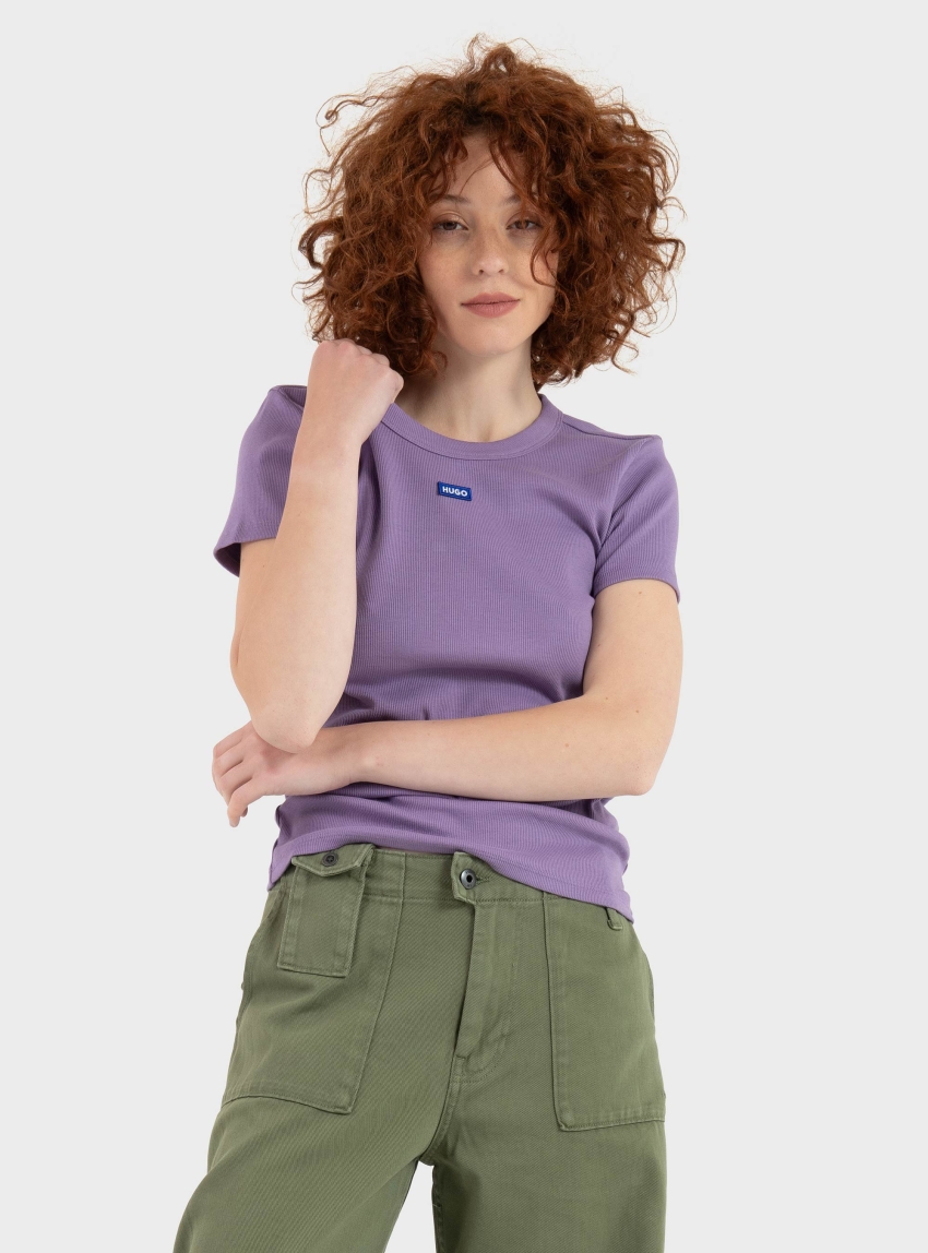 HUGO Slim-Fit T-Shirt In Ribbed Stretch Cotton With Logo Easy Tee_B - Purple
