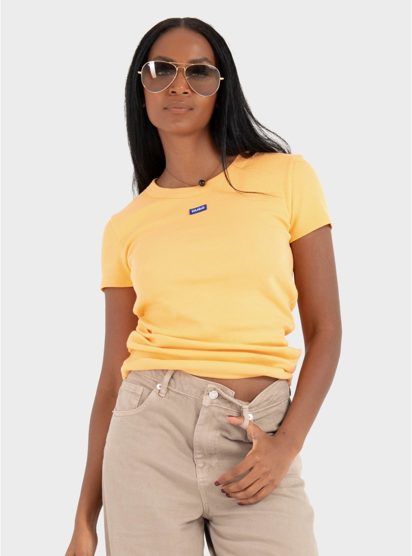 HUGO Slim-Fit T-Shirt In Ribbed Stretch Cotton With Logo Easy Tee_B - Orange