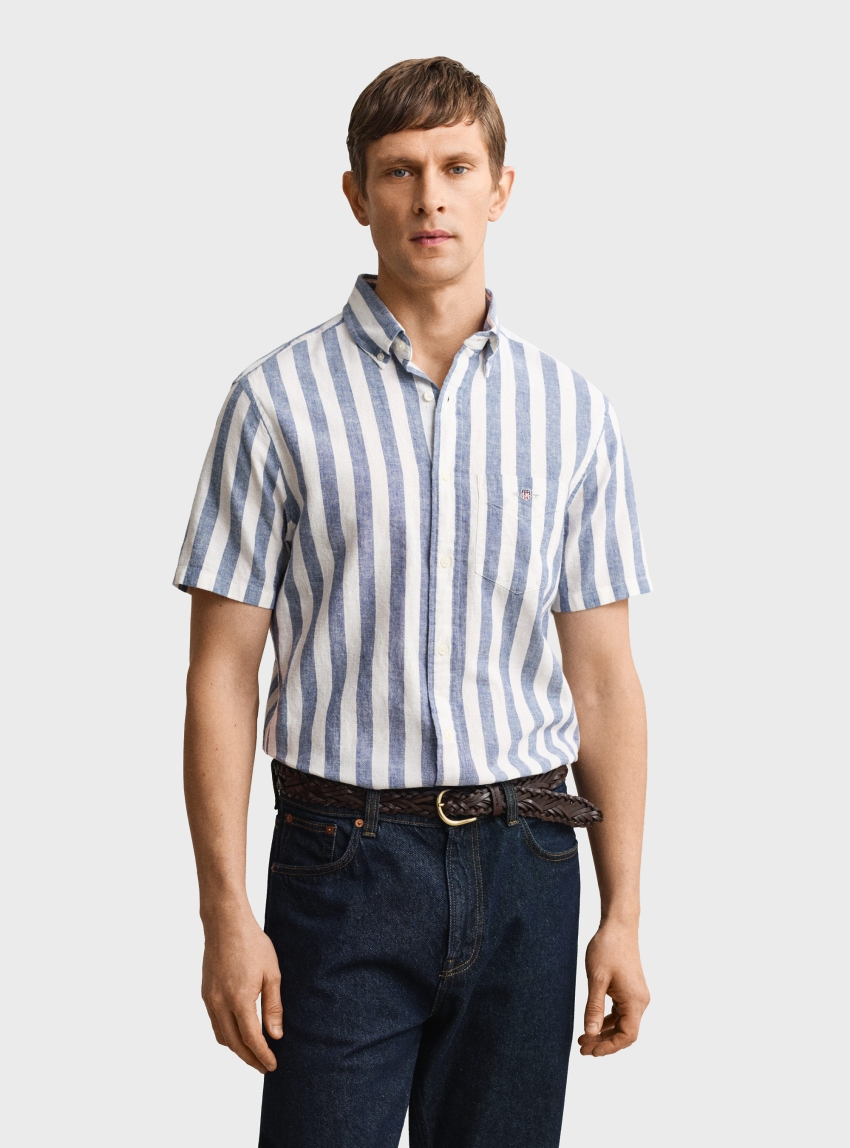 Gant Striped Linen Blend Short Sleeve Shirt - Sky Blue