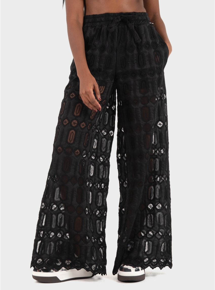 Souvenir Wide Leg Pants With Lace Details - Black