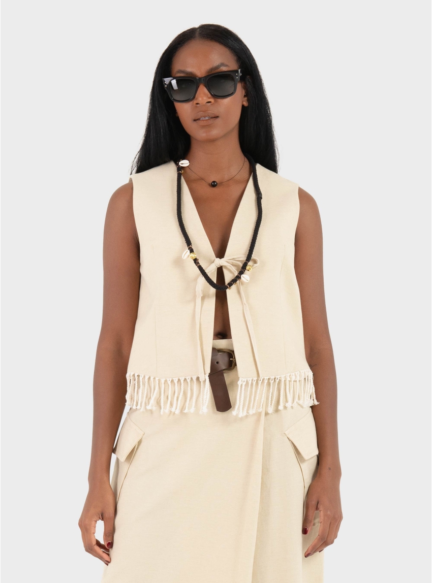 Souvenir Vest With Fringes - Light Beige