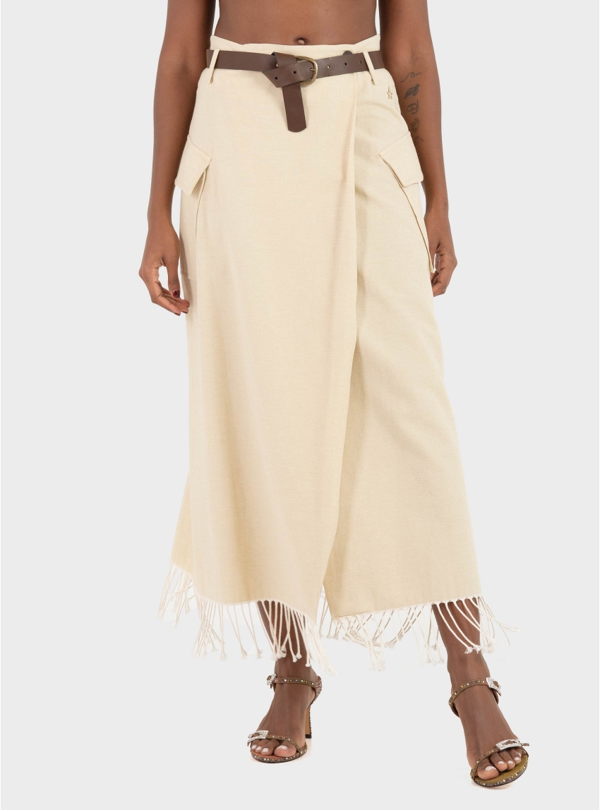 Souvenir Wrapped Belted Skirt With Fringes - Light Beige