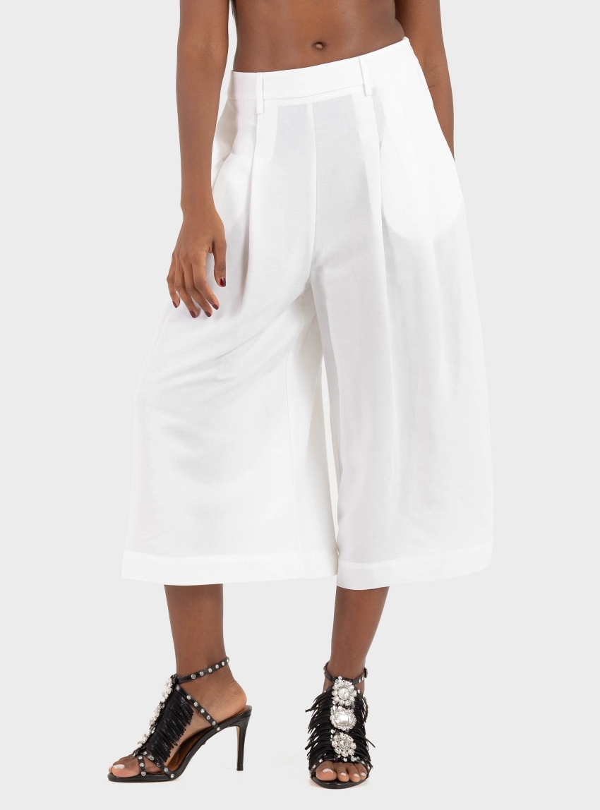Mei Mei J Linen Pleated Long Bermuda - White