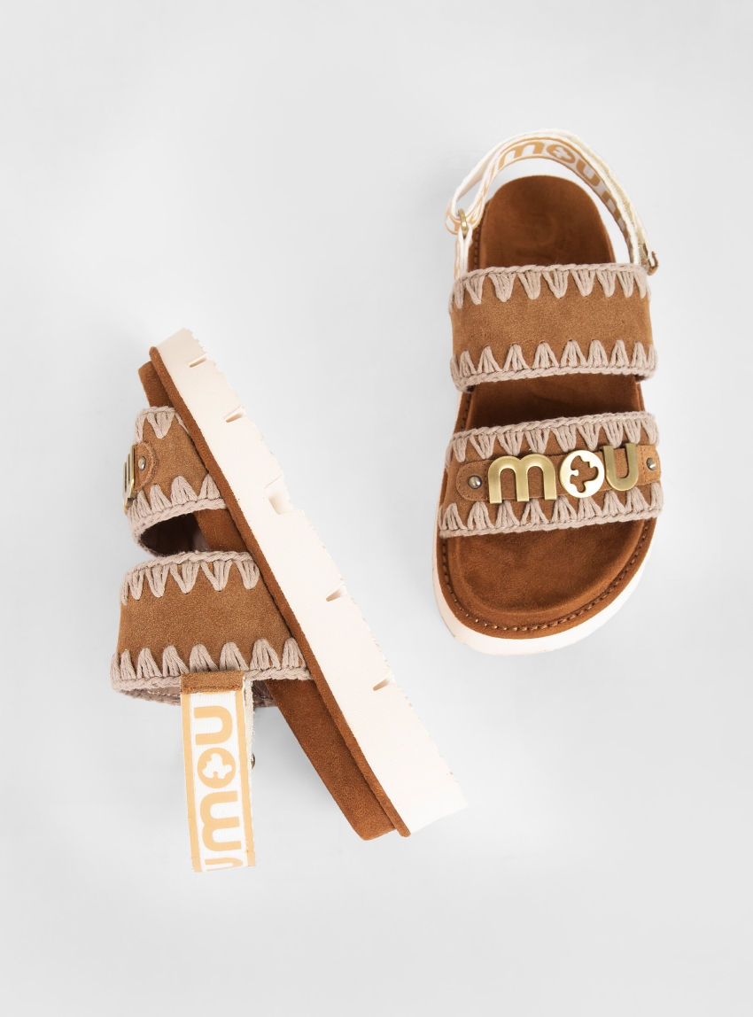 Mou Bio Sandal Back Strap In Suede - Big Metallic Logo - Cognac