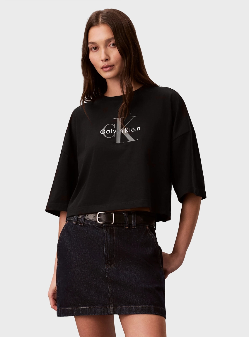 Calvin Klein BOXY CROP MONOLOGO TEE - Black
