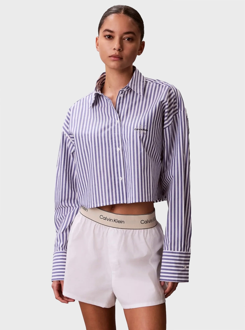 Calvin Klein Cropped Cotton Poplin Pyjama Top - Blue
