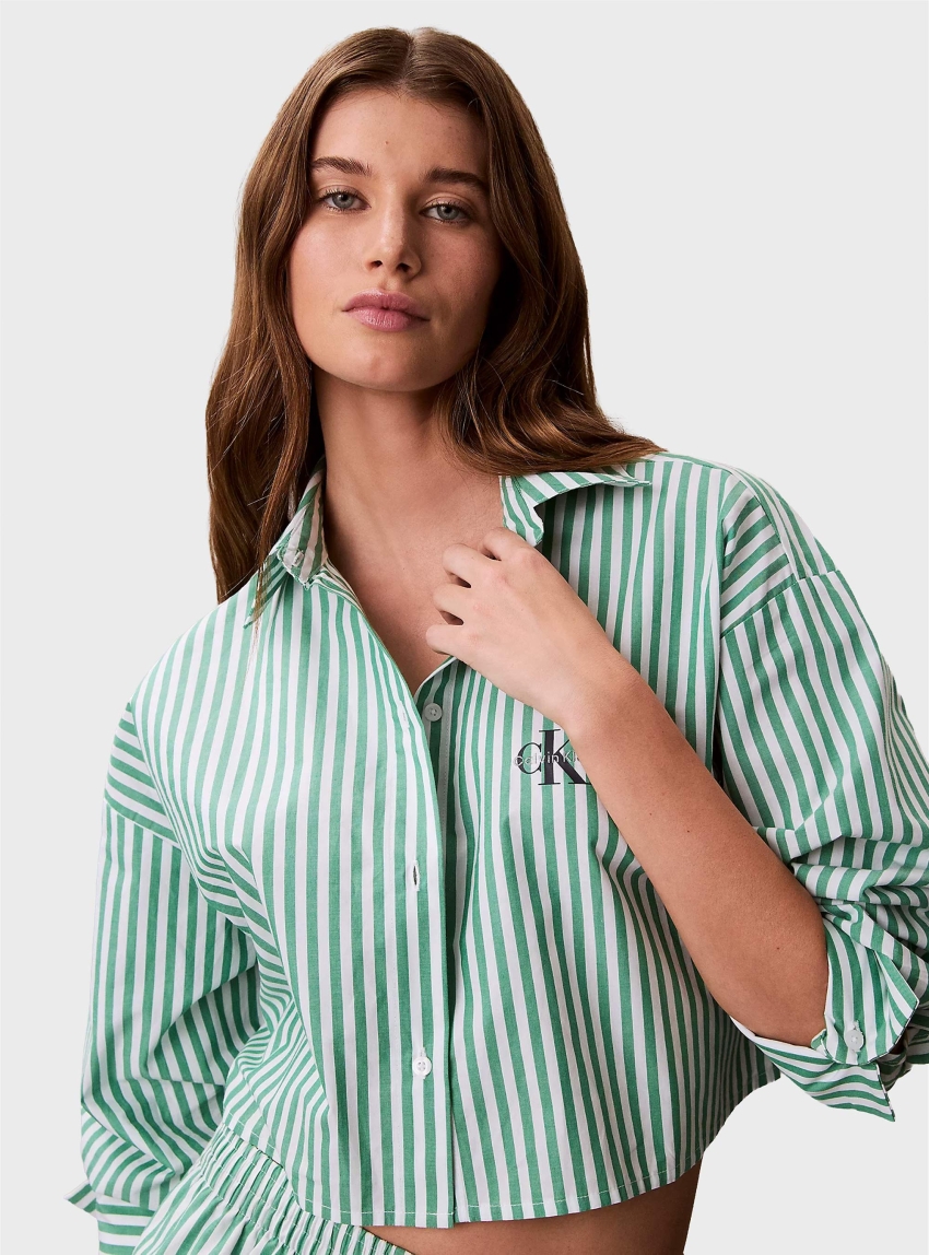 Calvin Klein Cropped Cotton Poplin Pyjama Top - Green