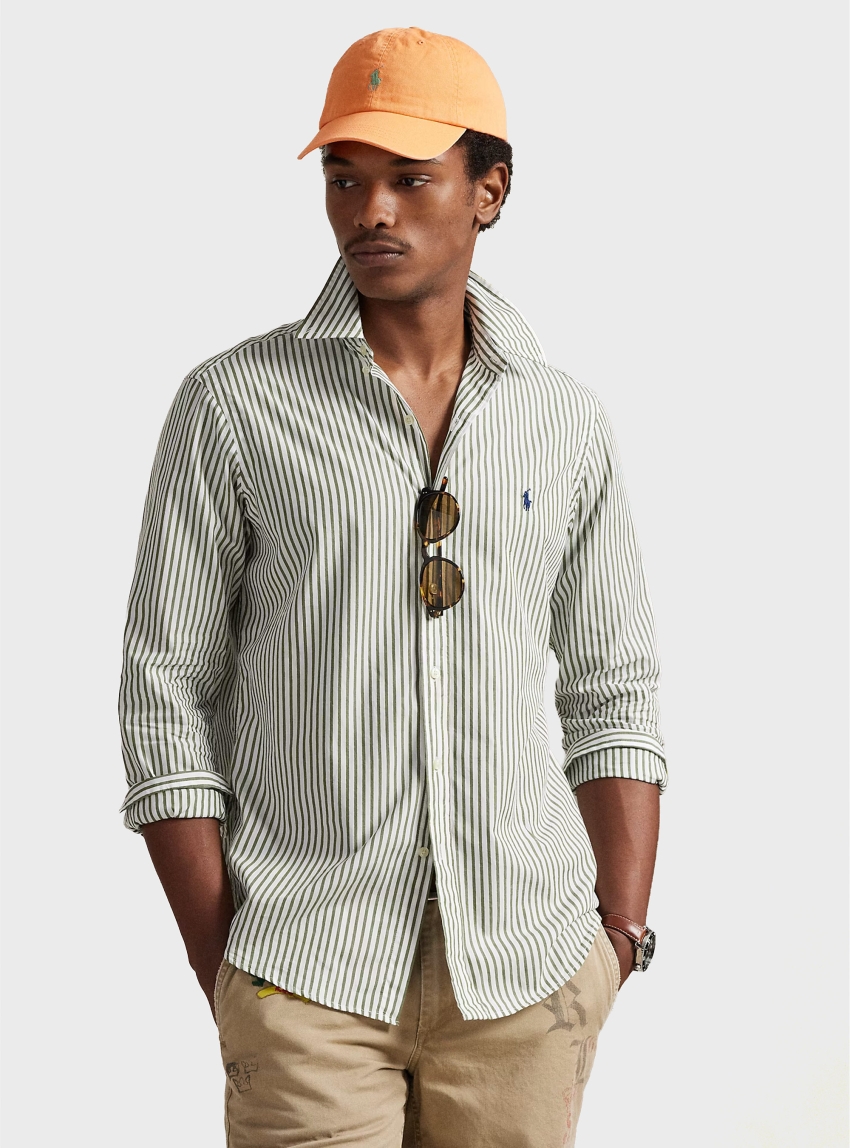 Polo Ralph Lauren Custom Fit Striped Broadcloth Shirt - Olive 