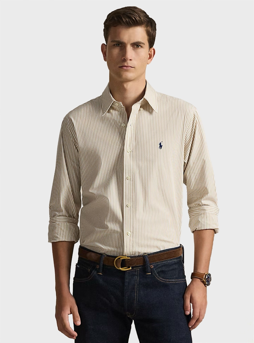 Polo Ralph Lauren Custom Fit Striped Stretch Poplin Shirt - Beige