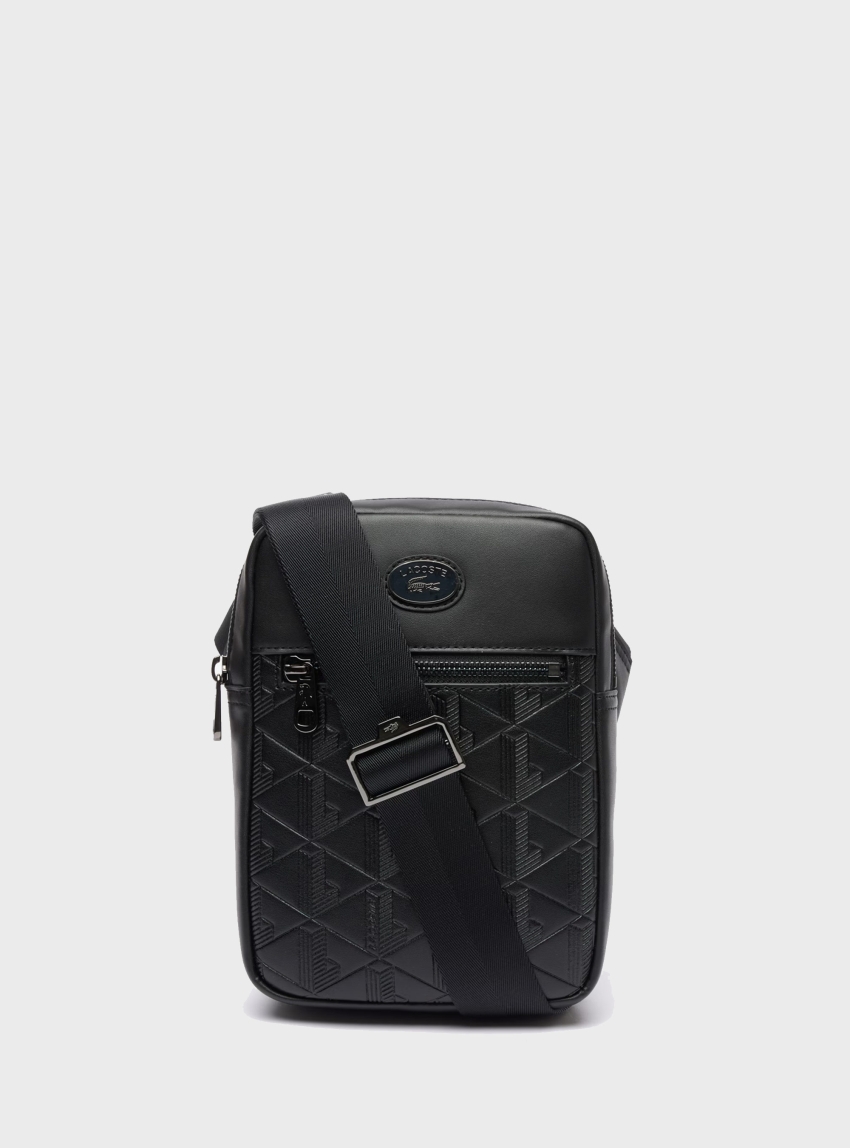 Lacoste Monogram Print Leather Satchel Bag - Black