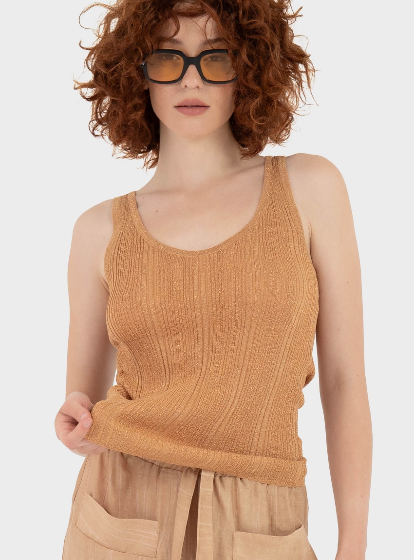 Only Anna Glitter Revers Rib Top - Camel