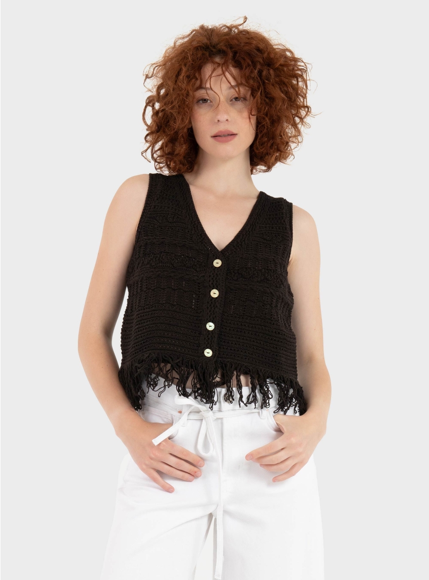 Only Alix Fringe Waistcoat - Dark Brown