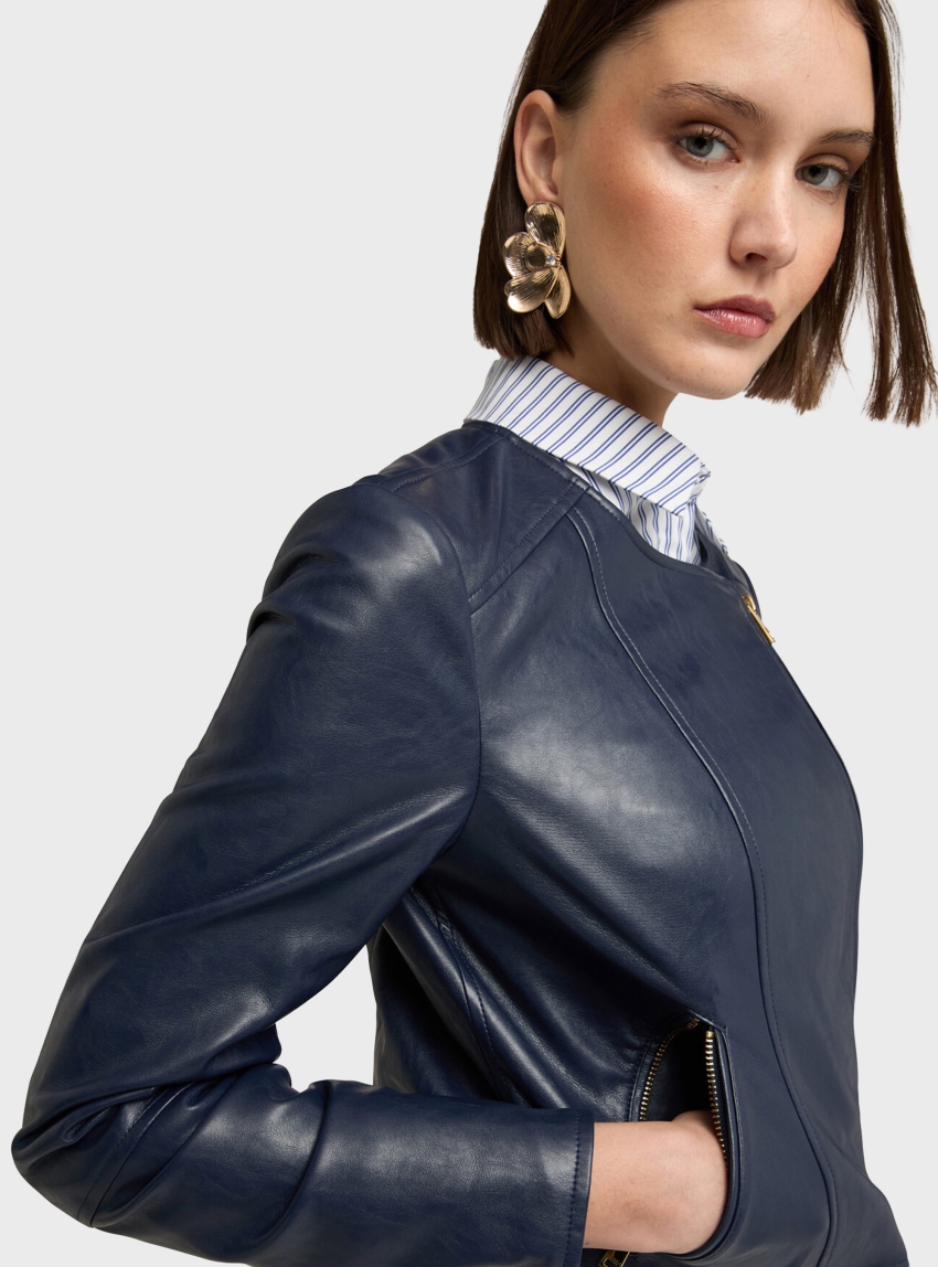 Motivi Biker jacket with asymmetric zip and striped lining - Blue