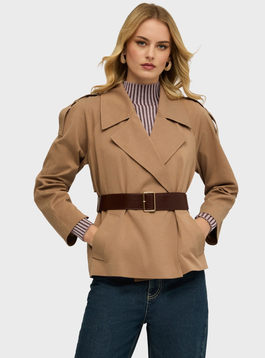Motivi Short lyocell blend trench coat with belt - Beige
