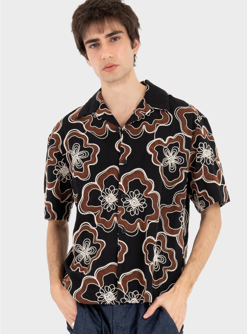 Antony Morato Shirt Dover Relaxed Fit In Embroidered Cotton Fabric With Logoed Metal Badge - Black