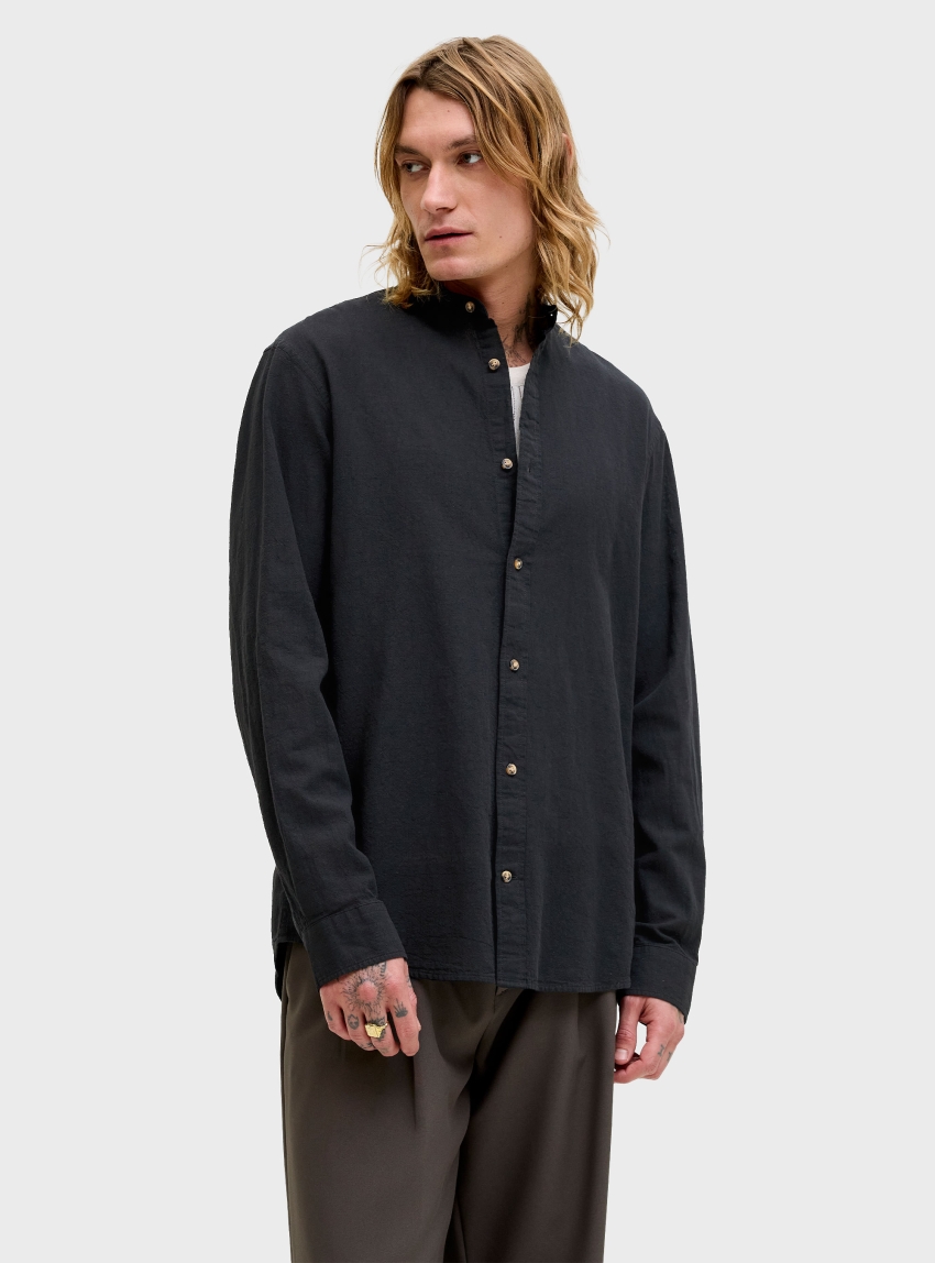 Jack & Jones Summer Linen Blend Band Shirt - Black