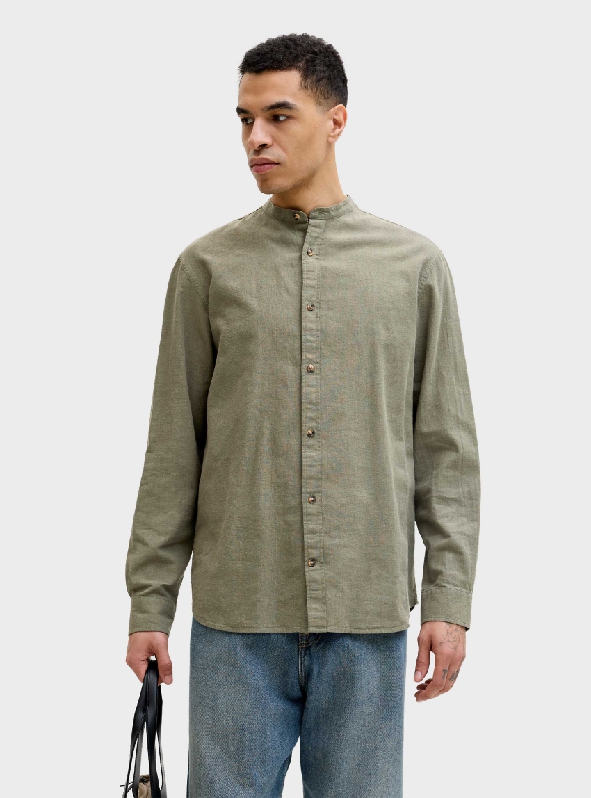 Jack & Jones Summer Linen Blend Band Shirt - Olive 