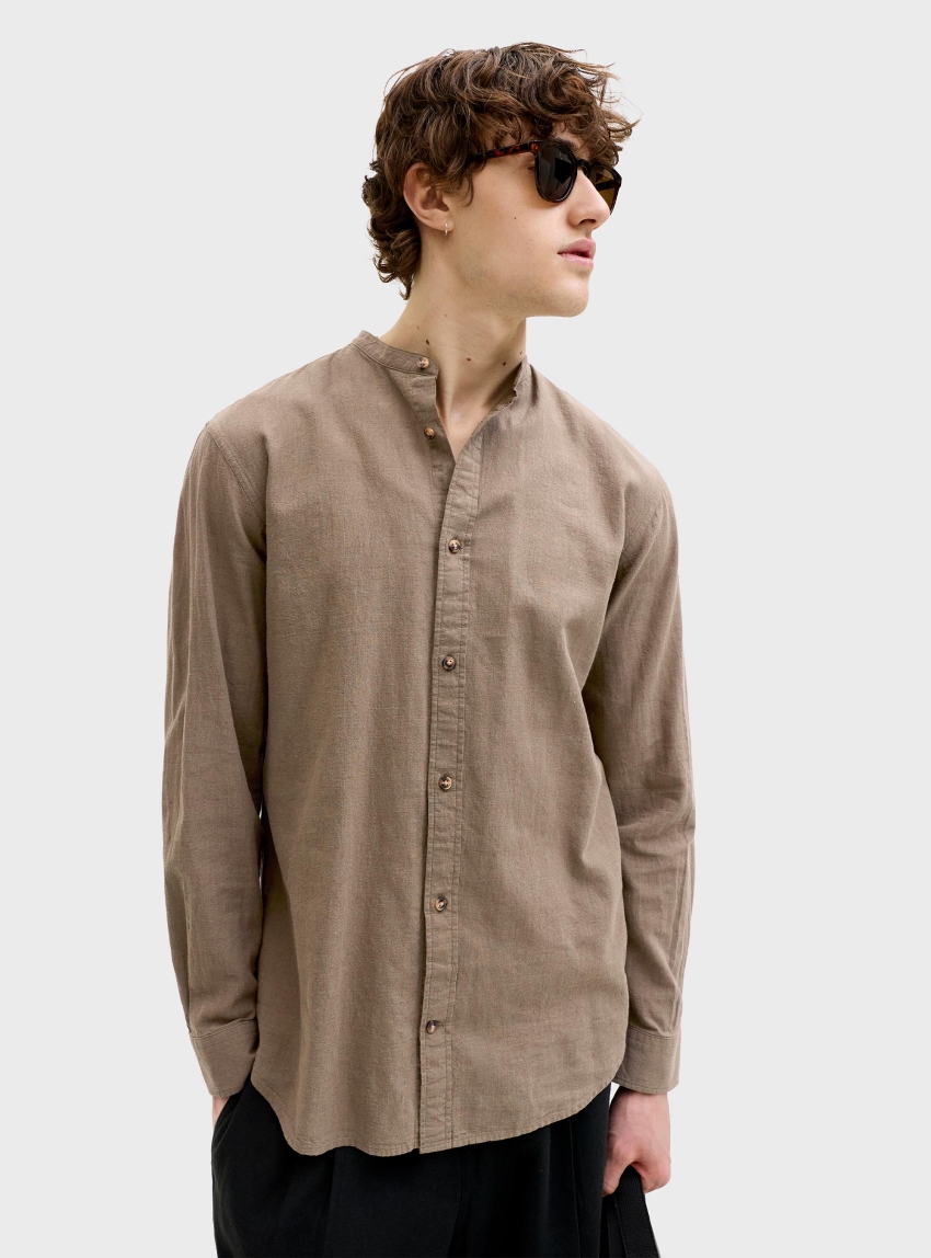 Jack & Jones Summer Linen Blend Band Shirt - Light Brown