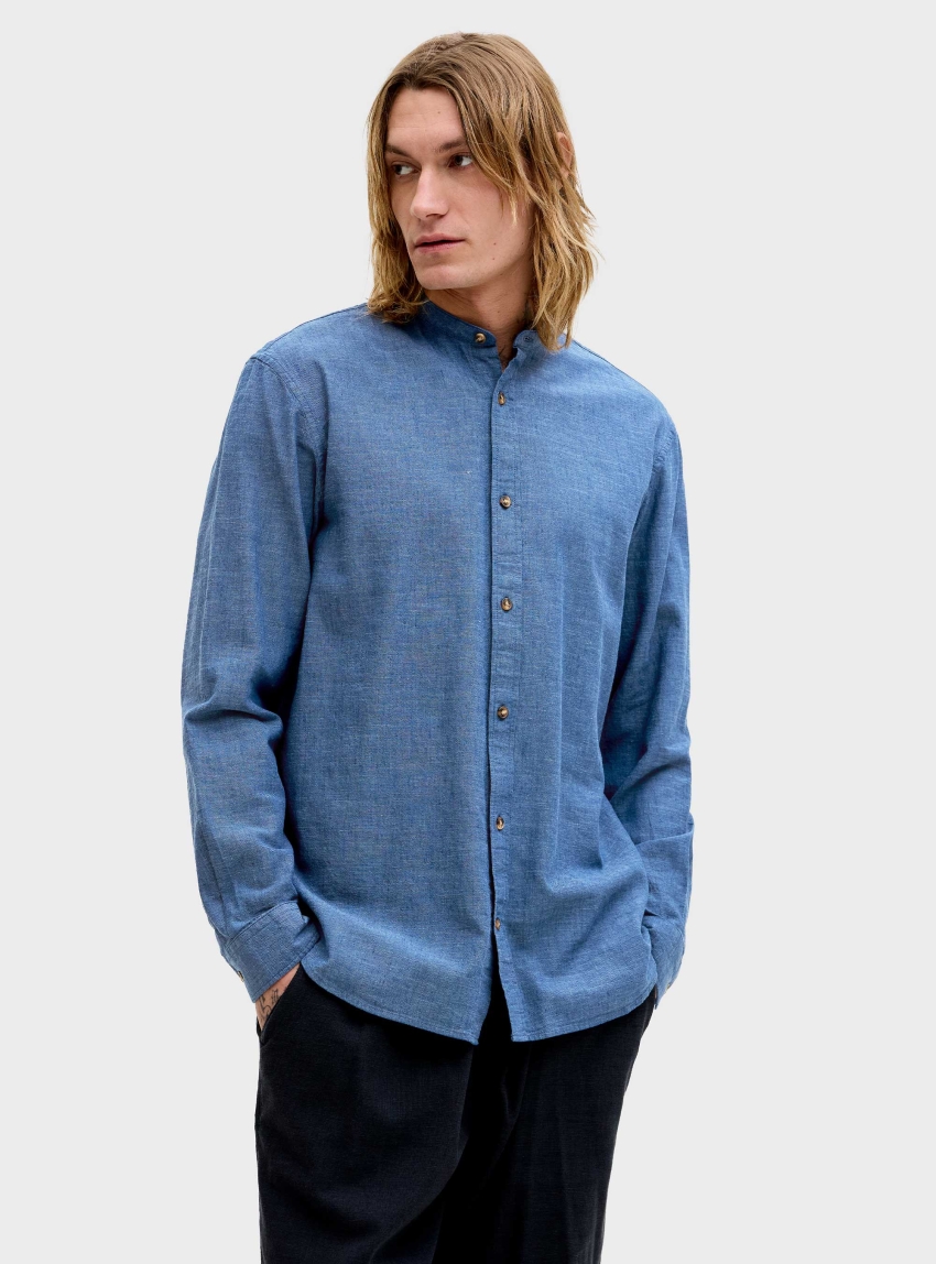 Jack & Jones Summer Linen Blend Band Shirt - Navy